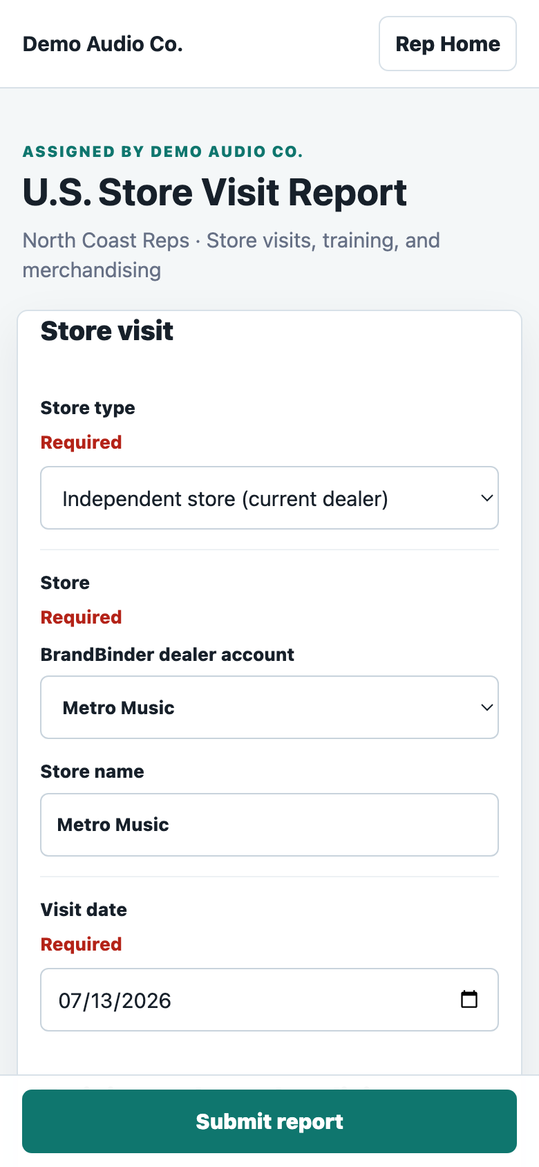 Streetwise mobile store visit reporting form shown with demo data